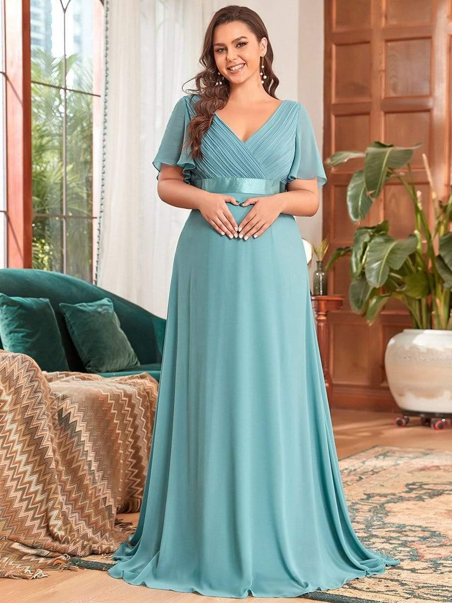 Robe de maternité plissée de grande taille avec manches à volants et col en V #Couleur_Bleu Fume