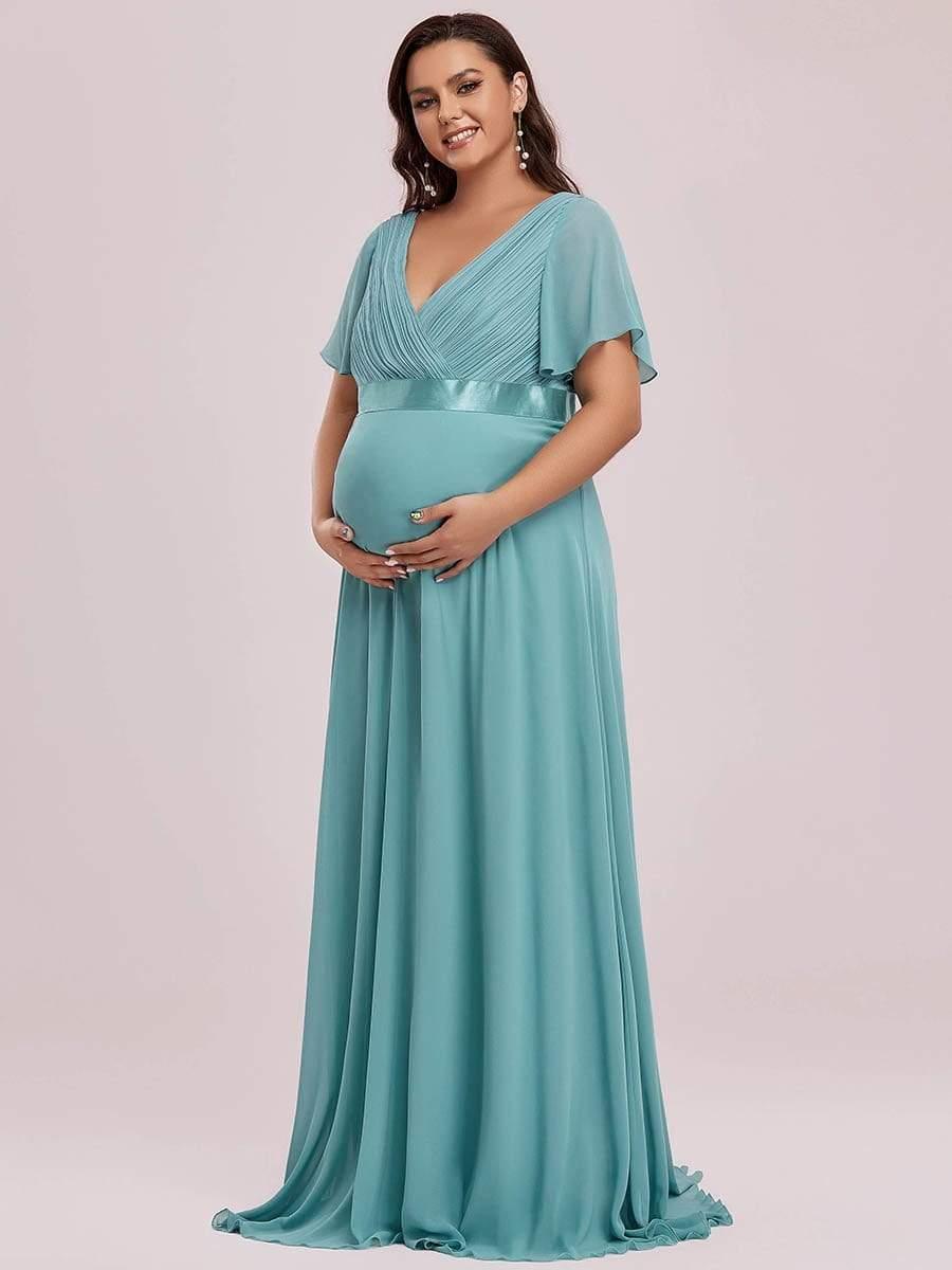 Robe de maternité plissée de grande taille avec manches à volants et col en V #Couleur_Bleu Fume