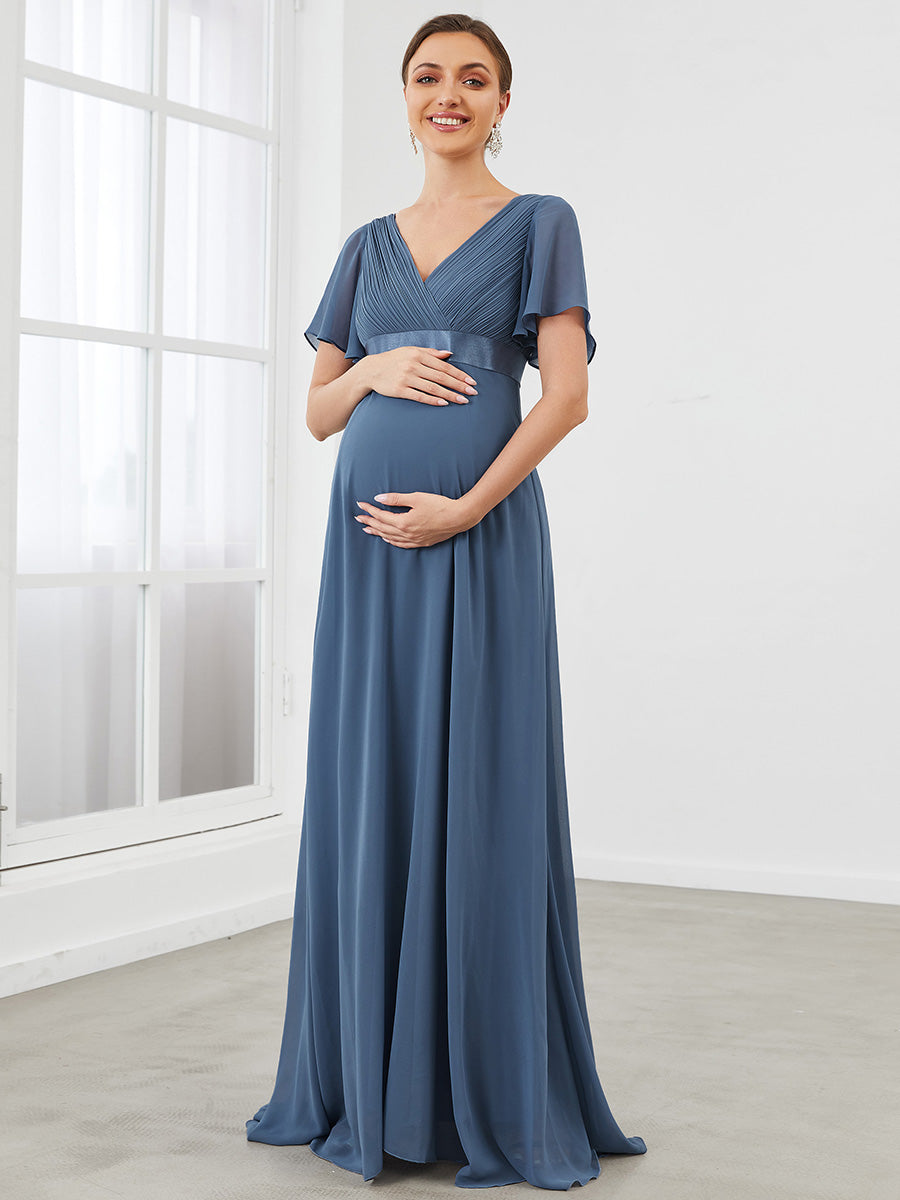 Elégant robe de maternité en mousseline à col V manches volantées corsage plissé et longueur de plancher