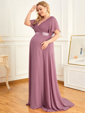 Elégant robe de maternité en mousseline à col V manches volantées corsage plissé et longueur de plancher
