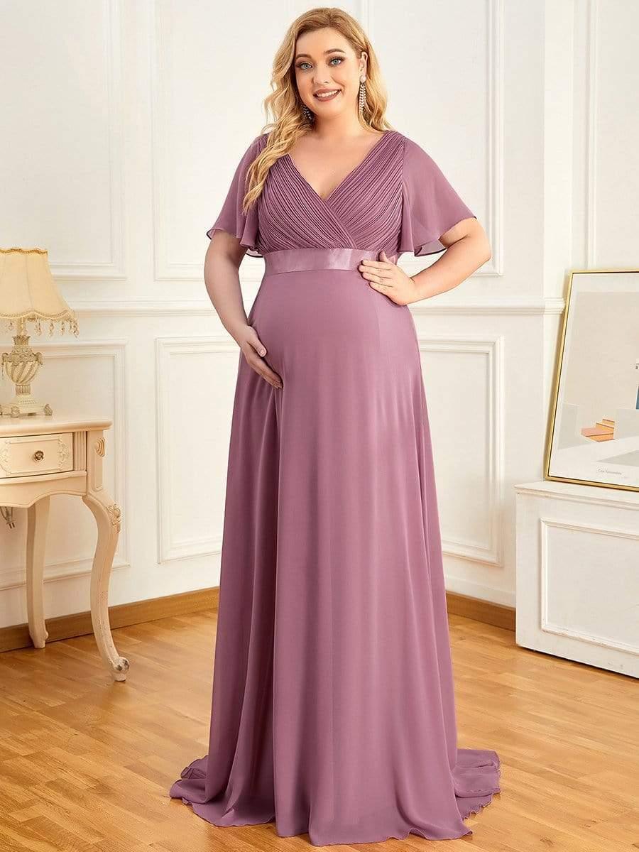 Robe de maternité plissée de grande taille avec manches à volants et col en V #Couleur_Orchidee