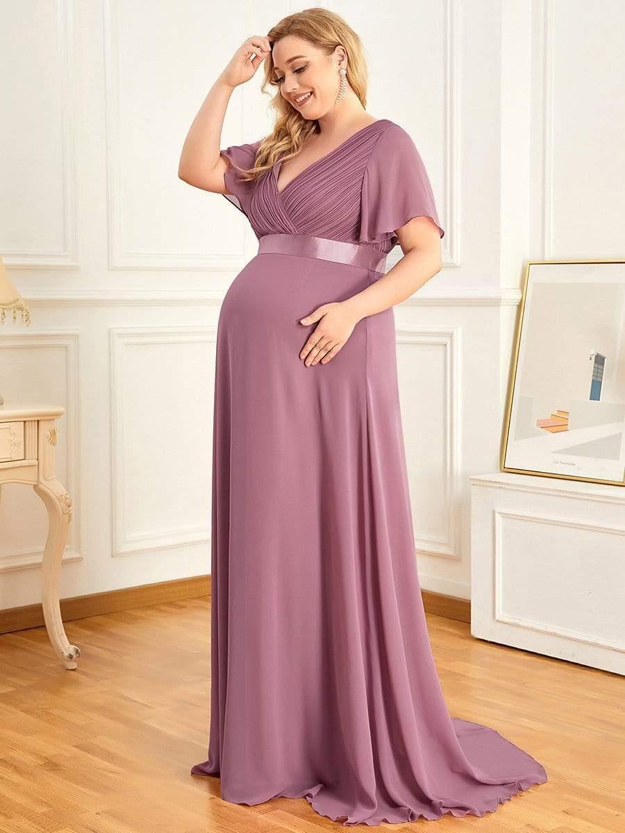 Robe de maternité plissée de grande taille avec manches à volants et col en V #Couleur_Orchidee