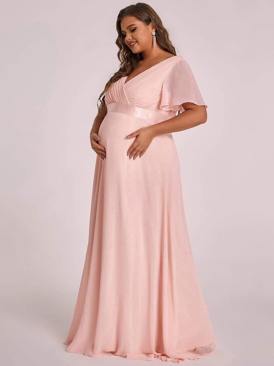 Robe de maternité plissée de grande taille avec manches à volants et col en V #Couleur_Rose