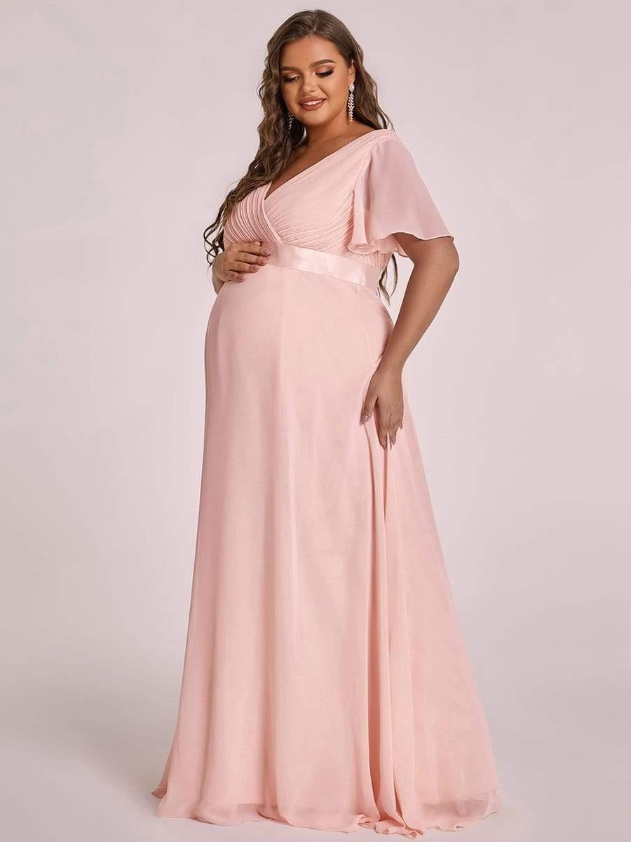Robe de maternité plissée de grande taille avec manches à volants et col en V #Couleur_Rose
