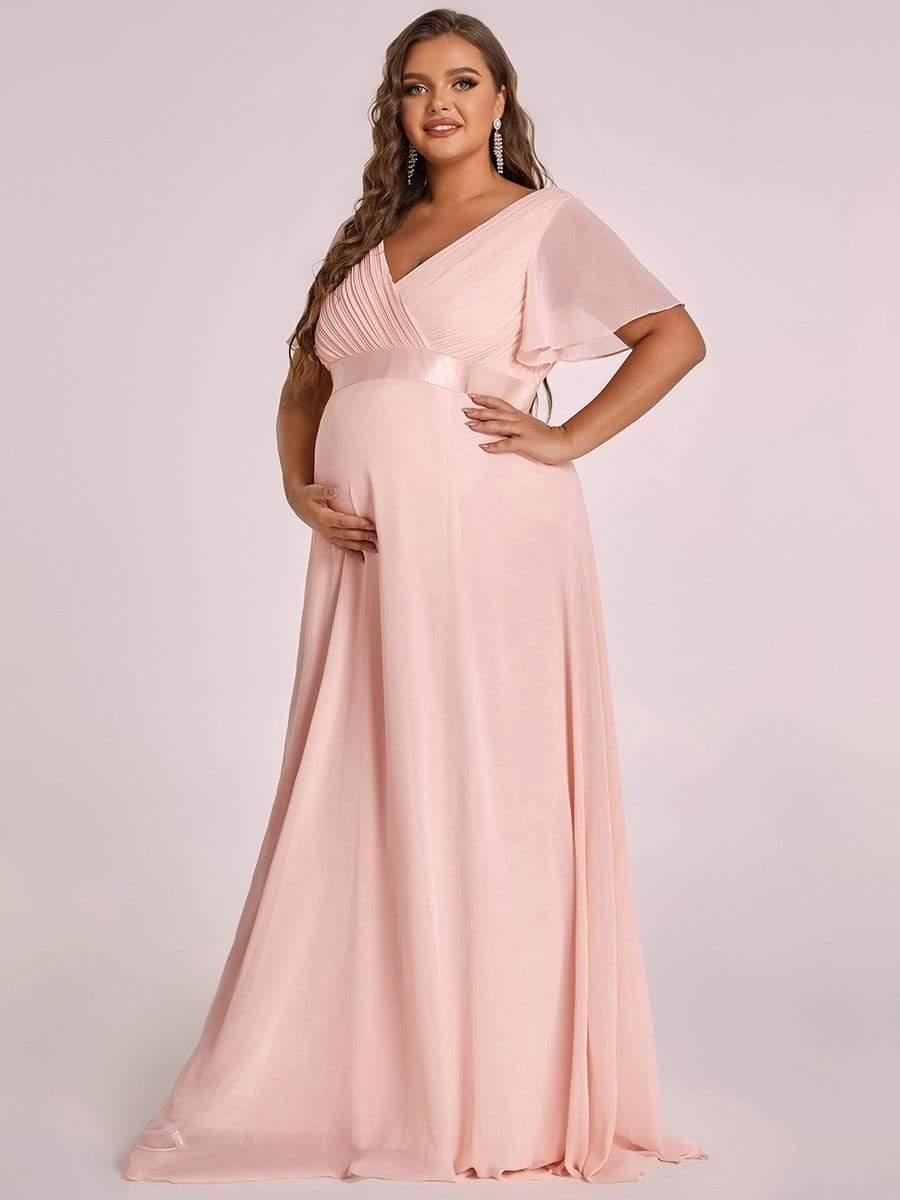 Robe de maternité plissée de grande taille avec manches à volants et col en V #Couleur_Rose
