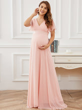 Elégant robe de maternité en mousseline à col V manches volantées corsage plissé et longueur de plancher #Couleur_Rose