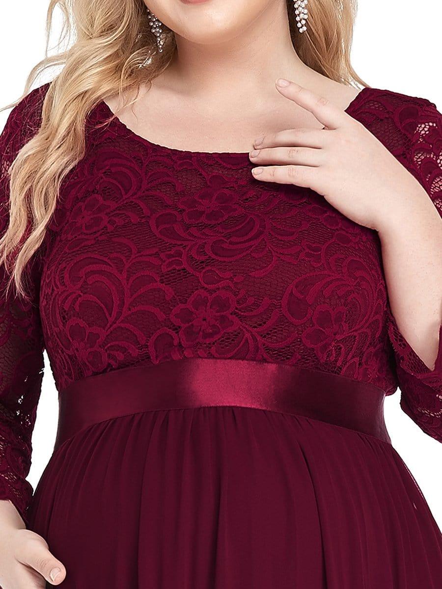 Color=Bordeaux | Robe de Maternité Grande Taille à Manches 3/4 en Dentelle Longueur au Sol-Bordeaux 4