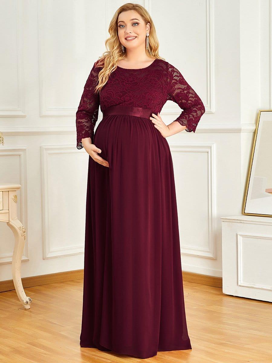 Color=Bordeaux | Robe de Maternité Grande Taille à Manches 3/4 en Dentelle Longueur au Sol-Bordeaux 1