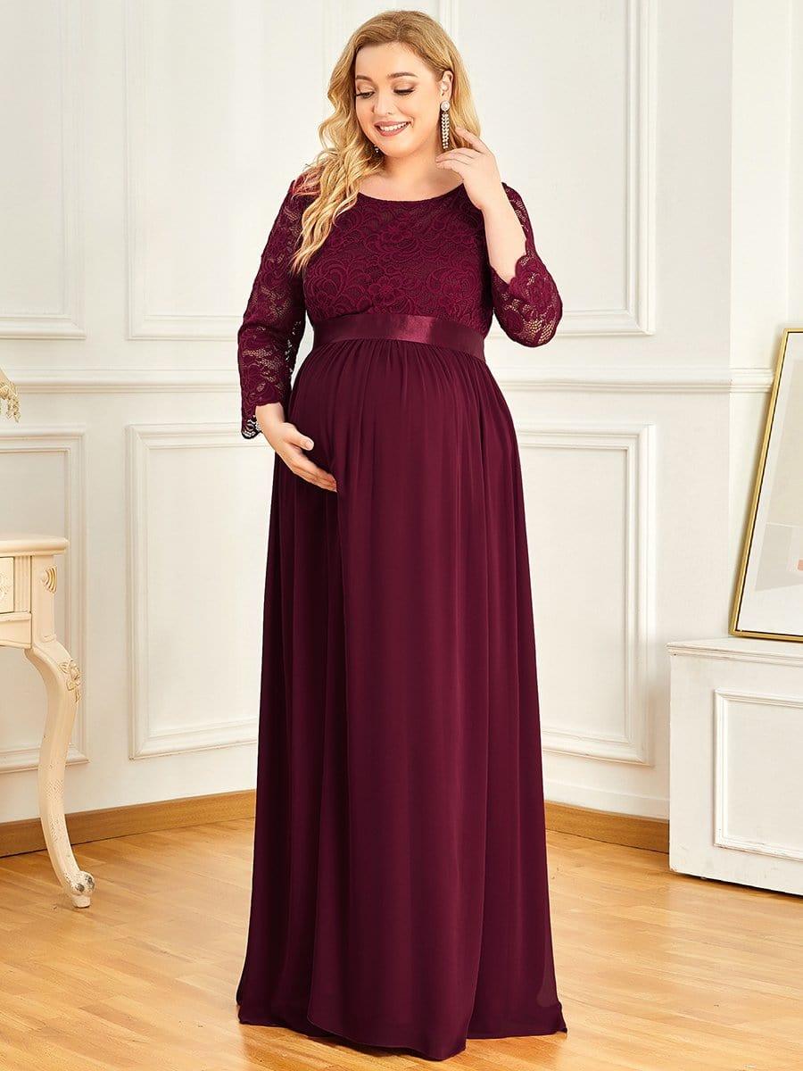 Color=Bordeaux | Robe de Maternité Grande Taille à Manches 3/4 en Dentelle Longueur au Sol-Bordeaux 3