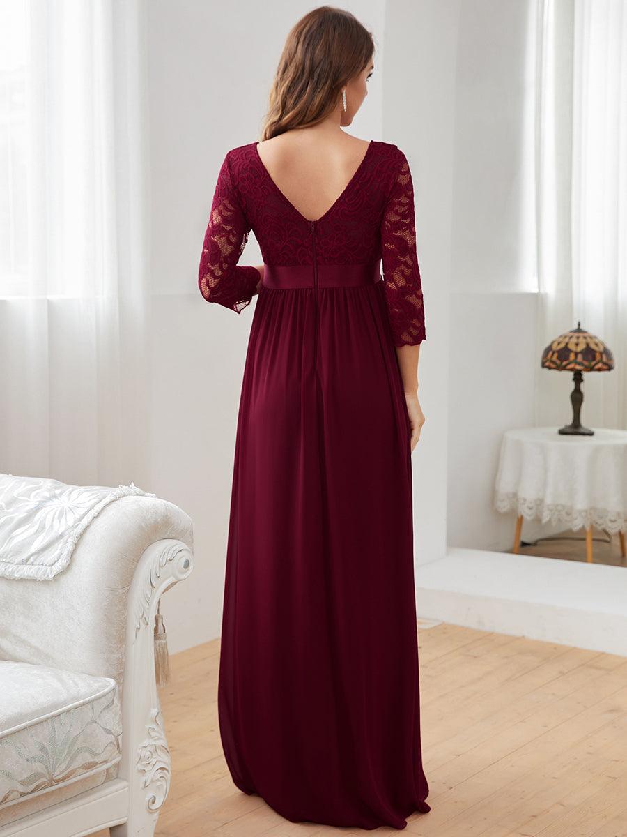 Color=Bordeaux | Robe de soirée glamour à demi-manches col rond et dos brodé pour maternité-Bordeaux 2