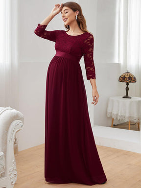 Color=Bordeaux | Robe de soirée glamour à demi-manches col rond et dos brodé pour maternité-Bordeaux 4