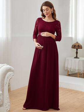 Color=Bordeaux | Robe de soirée glamour à demi-manches col rond et dos brodé pour maternité-Bordeaux 1