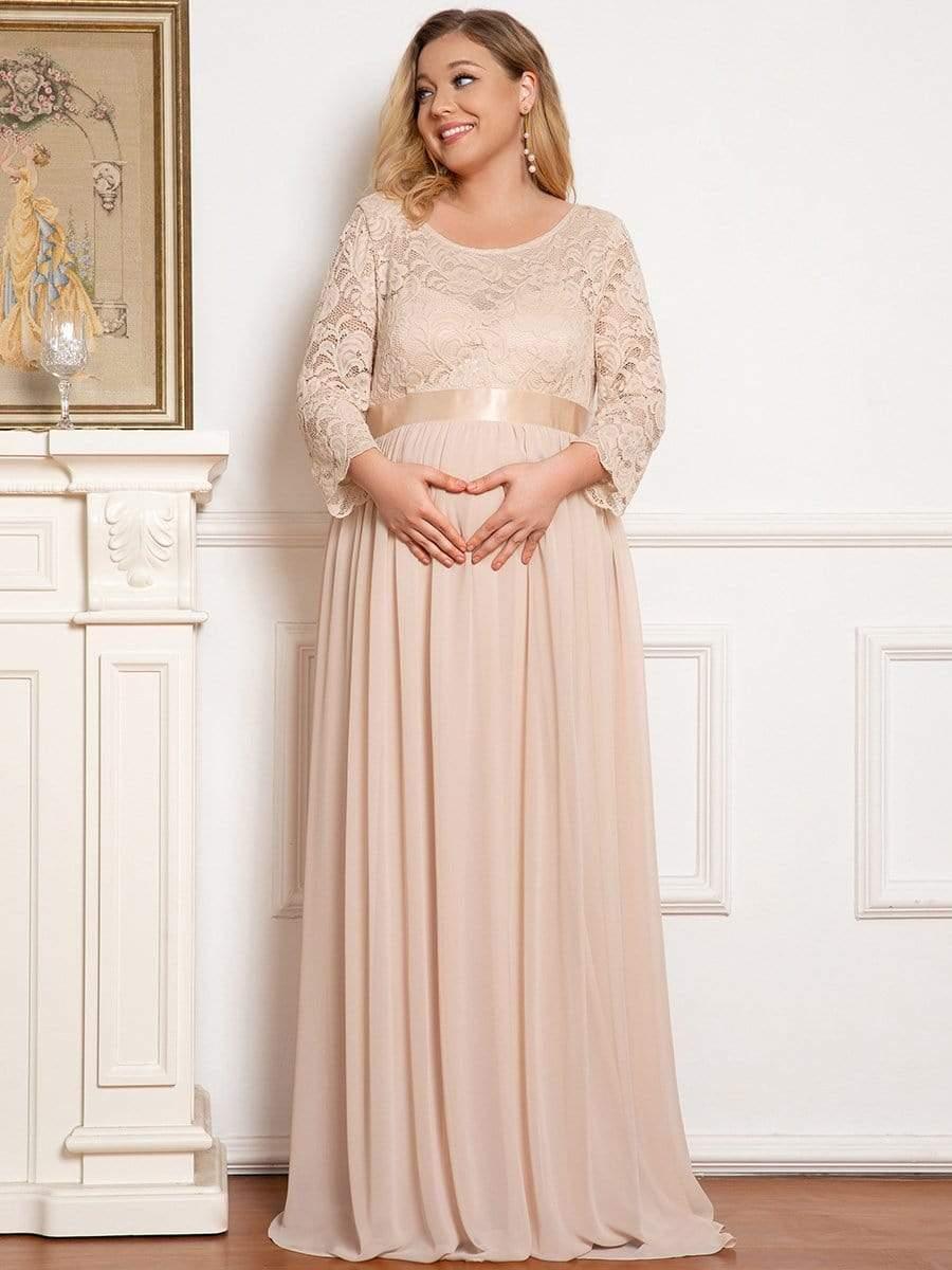 Color=Rose Clair | Robe de Maternité Grande Taille à Manches 3/4 en Dentelle Longueur au Sol-Rose Clair 4