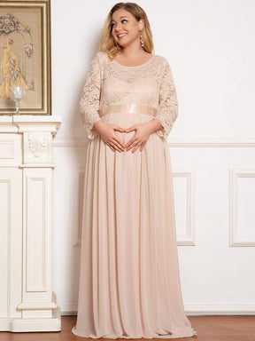 Color=Rose Clair | Robe de Maternité Grande Taille à Manches 3/4 en Dentelle Longueur au Sol-Rose Clair 4