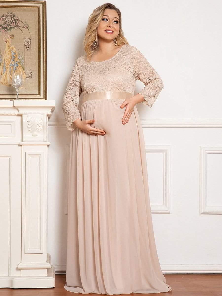 Color=Rose Clair | Robe de Maternité Grande Taille à Manches 3/4 en Dentelle Longueur au Sol-Rose Clair 3
