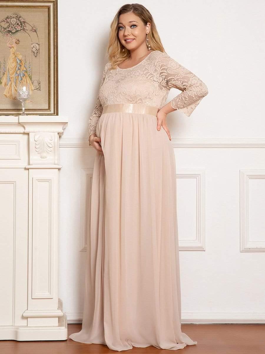 Color=Rose Clair | Robe de Maternité Grande Taille à Manches 3/4 en Dentelle Longueur au Sol-Rose Clair 1