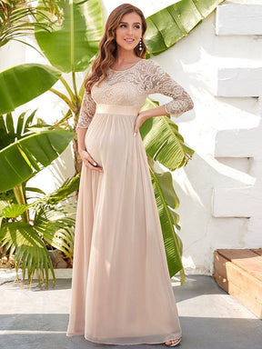 Color=Rose Clair | Robe de soirée glamour à demi-manches col rond et dos brodé pour maternité-Rose Clair 4