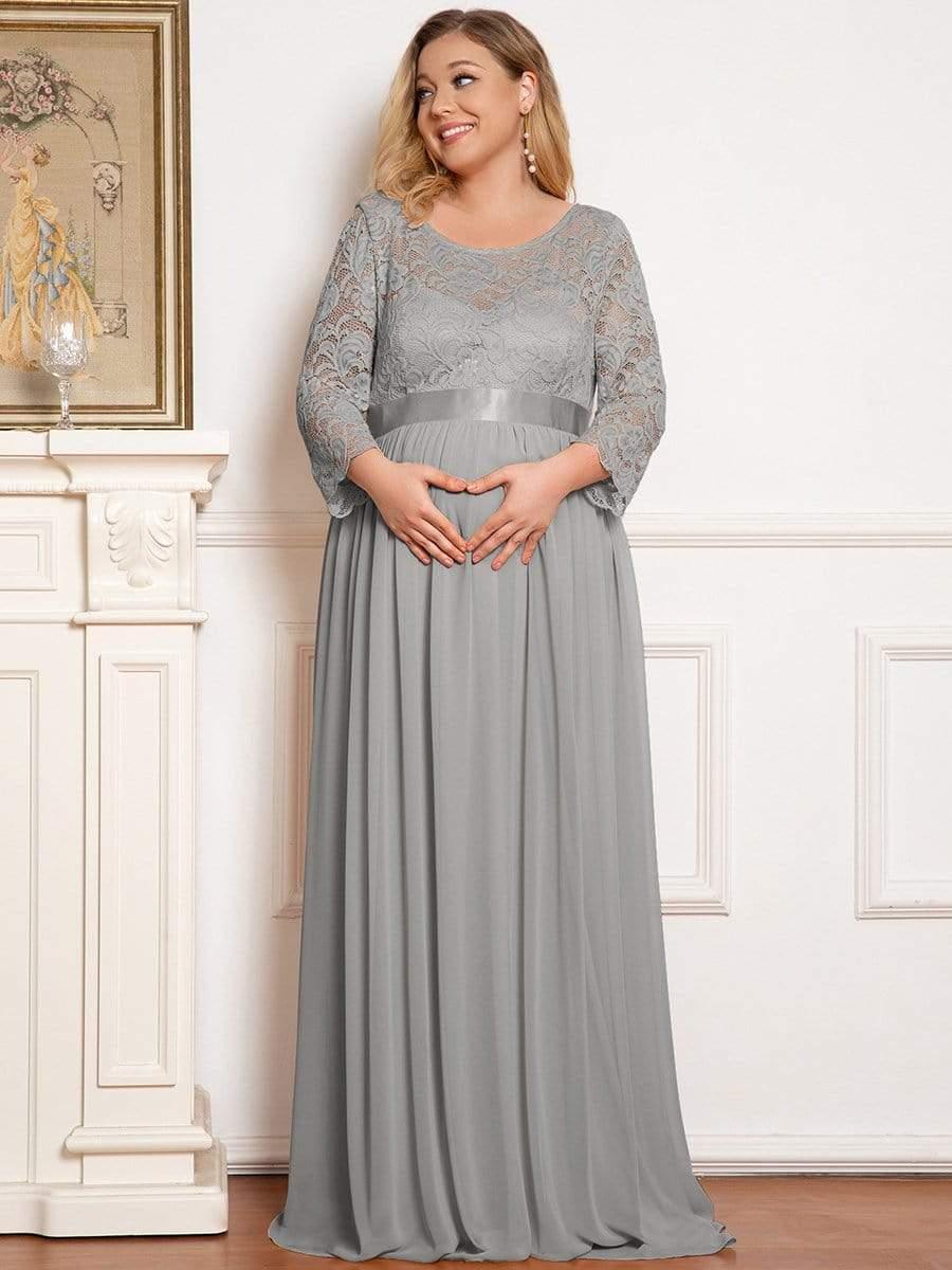 Color=Gris | Robe de Maternité Grande Taille à Manches 3/4 en Dentelle Longueur au Sol-Gris 1