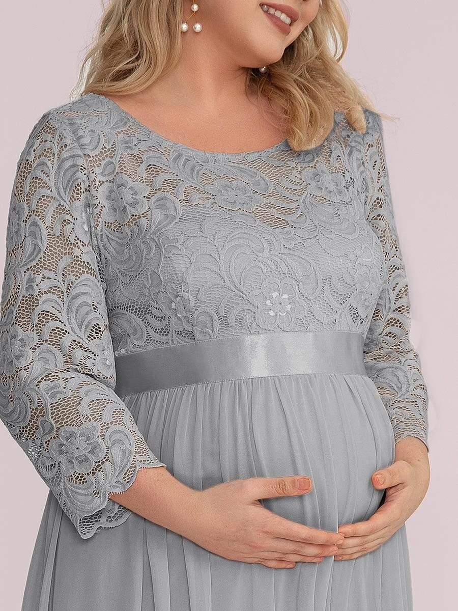 Color=Gris | Robe de Maternité Grande Taille à Manches 3/4 en Dentelle Longueur au Sol-Gris 5