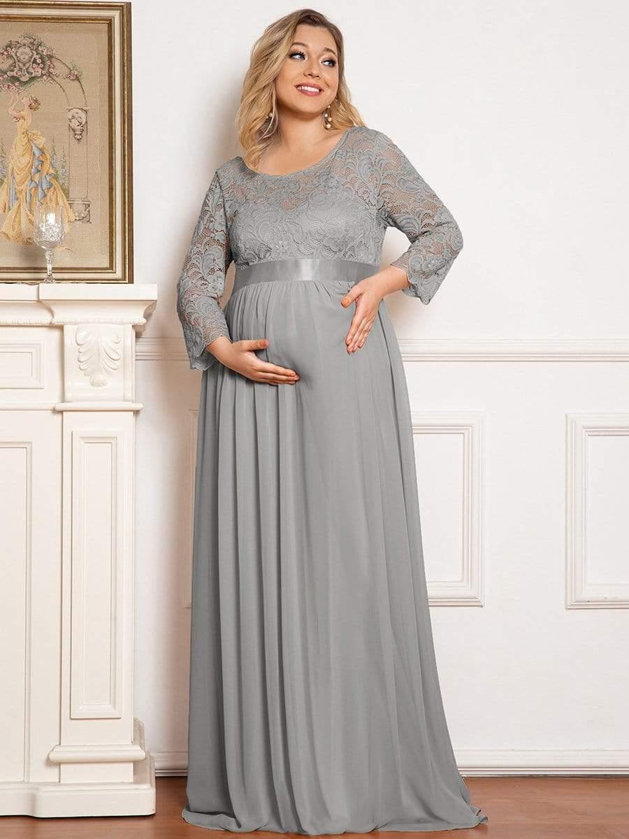 Color=Gris | Robe de Maternité Grande Taille à Manches 3/4 en Dentelle Longueur au Sol-Gris 3