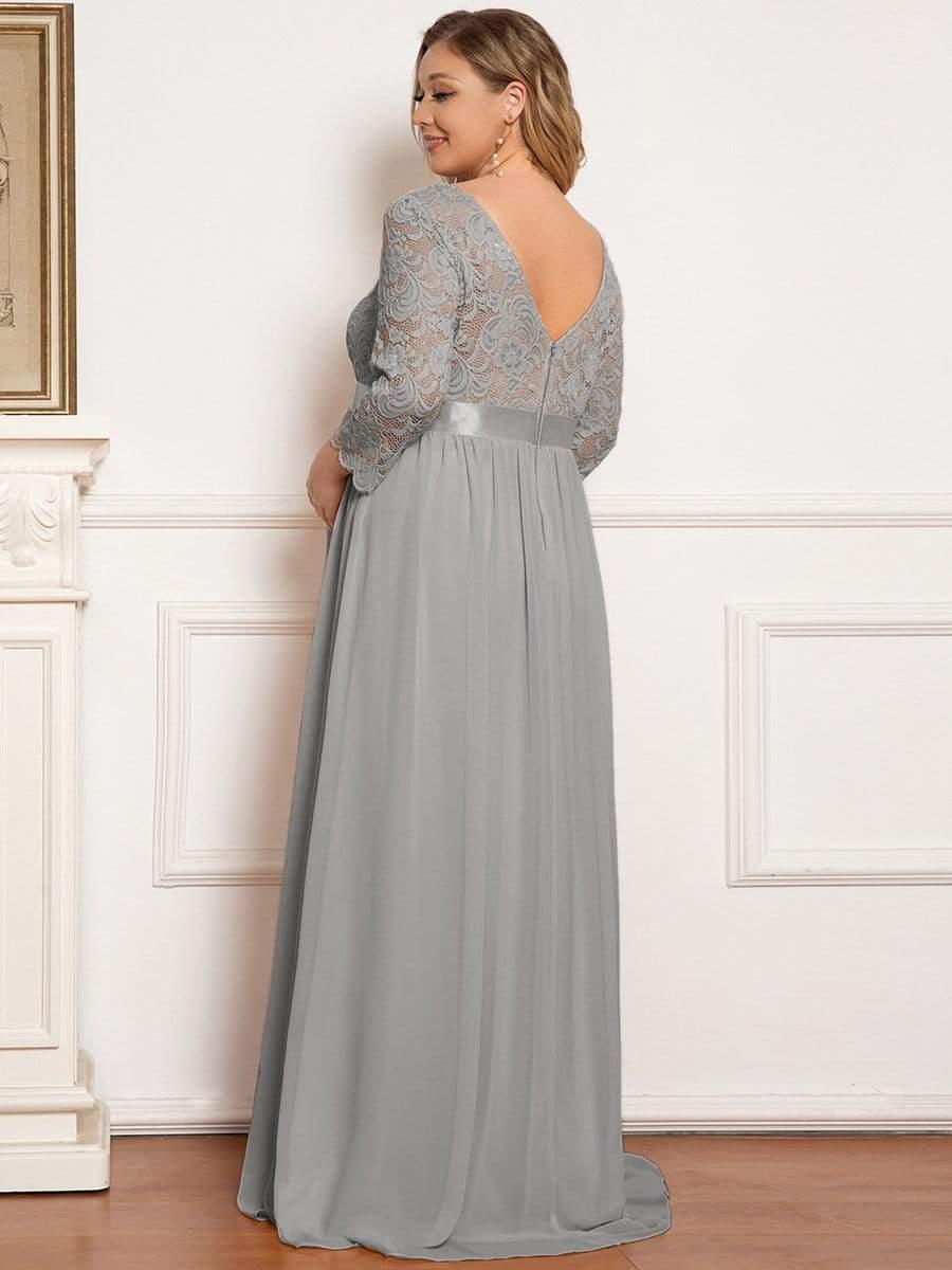 Color=Gris | Robe de Maternité Grande Taille à Manches 3/4 en Dentelle Longueur au Sol-Gris 2