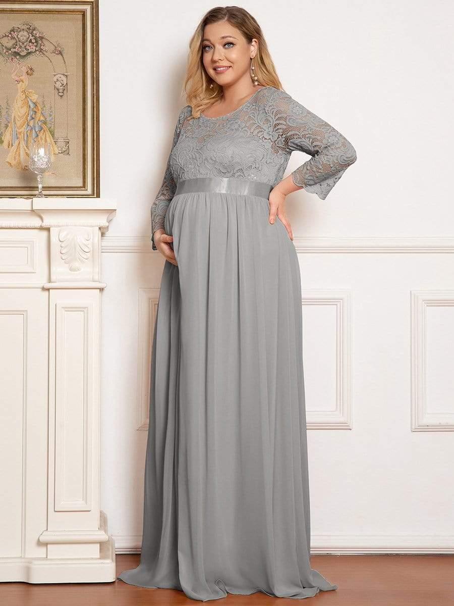 Color=Gris | Robe de Maternité Grande Taille à Manches 3/4 en Dentelle Longueur au Sol-Gris 4