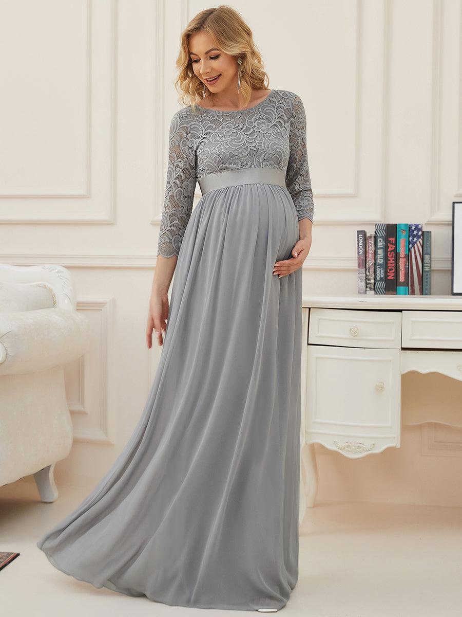 Color=Gris | Robe de soirée glamour à demi-manches col rond et dos brodé pour maternité-Gris 5