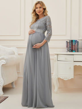 Color=Gris | Robe de soirée glamour à demi-manches col rond et dos brodé pour maternité-Gris 4
