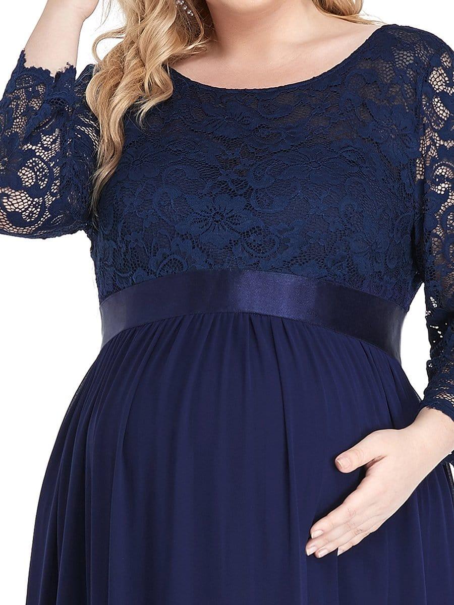 Color=Bleu Marine | Robe de Maternité Grande Taille à Manches 3/4 en Dentelle Longueur au Sol-Bleu Marine 5