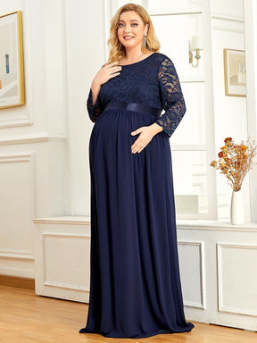 Color=Bleu Marine | Robe de Maternité Grande Taille à Manches 3/4 en Dentelle Longueur au Sol-Bleu Marine 3