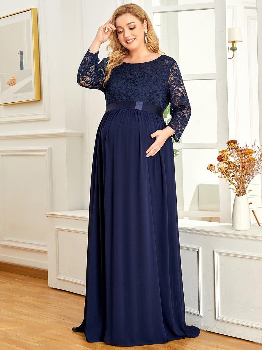 Color=Bleu Marine | Robe de Maternité Grande Taille à Manches 3/4 en Dentelle Longueur au Sol-Bleu Marine 4