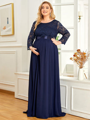 Color=Bleu Marine | Robe de Maternité Grande Taille à Manches 3/4 en Dentelle Longueur au Sol-Bleu Marine 1
