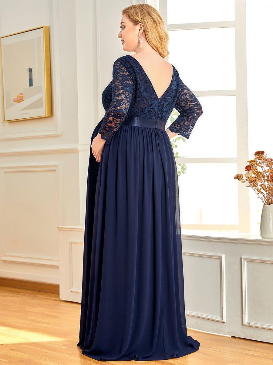 Color=Bleu Marine | Robe de Maternité Grande Taille à Manches 3/4 en Dentelle Longueur au Sol-Bleu Marine 2