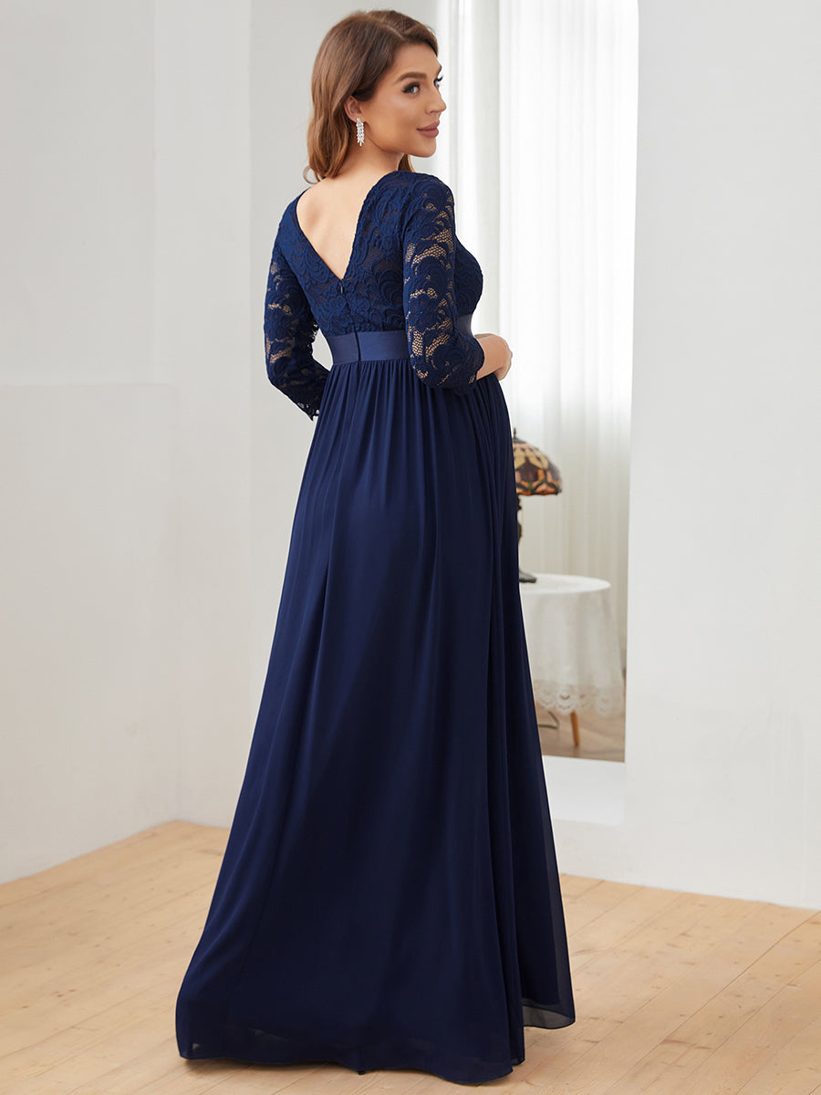Color=Bleu Marine | Robe de soirée glamour à demi-manches col rond et dos brodé pour maternité-Bleu Marine 2