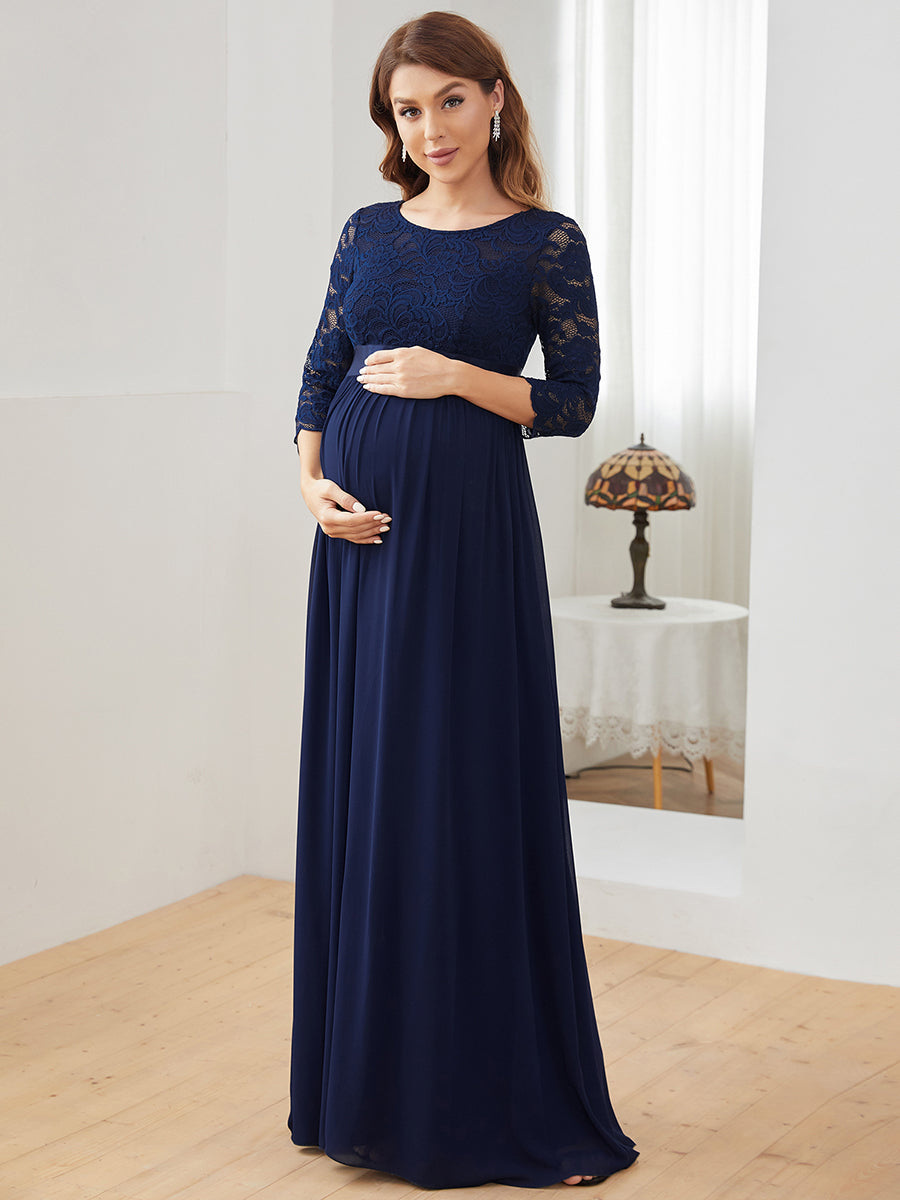 Color=Bleu Marine | Robe de soirée glamour à demi-manches col rond et dos brodé pour maternité-Bleu Marine 4