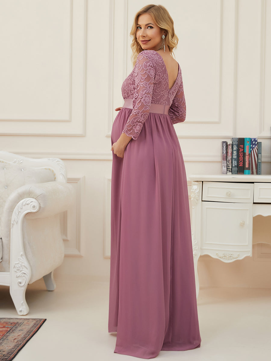 Color=Orchidee | Robe de soirée glamour à demi-manches col rond et dos brodé pour maternité-Orchidee 2