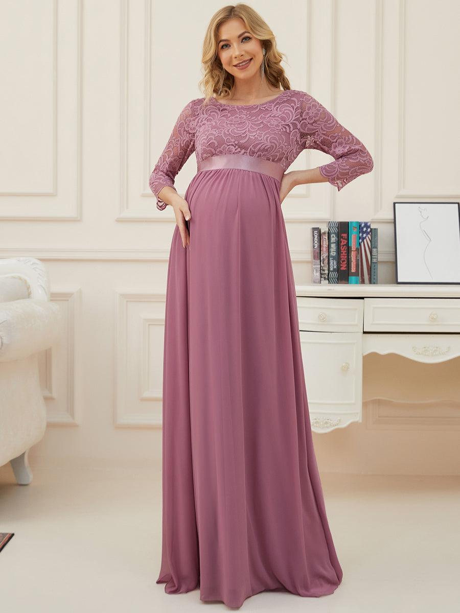 Color=Orchidee | Robe de soirée glamour à demi-manches col rond et dos brodé pour maternité-Orchidee 4