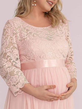 Color=Rose | Robe de Maternité Grande Taille à Manches 3/4 en Dentelle Longueur au Sol-Rose 5