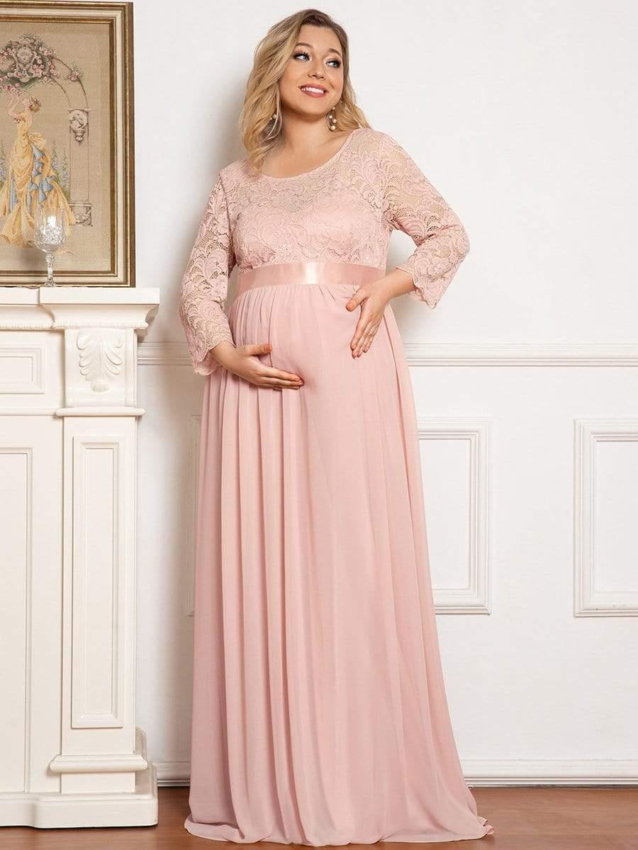 Color=Rose | Robe de Maternité Grande Taille à Manches 3/4 en Dentelle Longueur au Sol-Rose 3