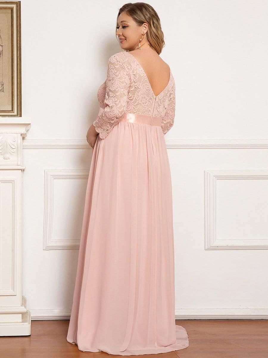 Color=Rose | Robe de Maternité Grande Taille à Manches 3/4 en Dentelle Longueur au Sol-Rose 2