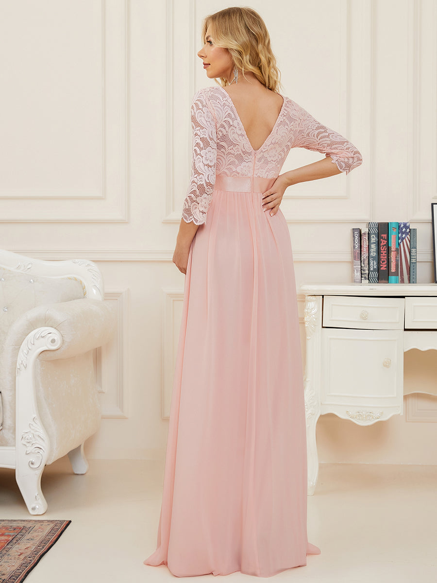 Color=Rose | Robe de soirée glamour à demi-manches col rond et dos brodé pour maternité-Rose 2