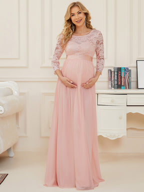 Color=Rose | Robe de soirée glamour à demi-manches col rond et dos brodé pour maternité-Rose 1
