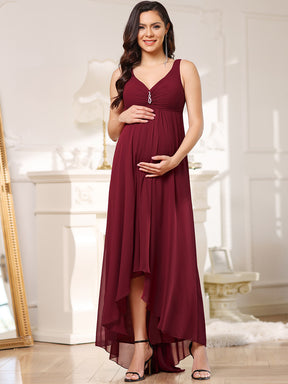 Color=Bordeaux | Robe de maternité élégante sans manches en mousseline de soie doublement asymétrique longue et formelle-Bordeaux 5