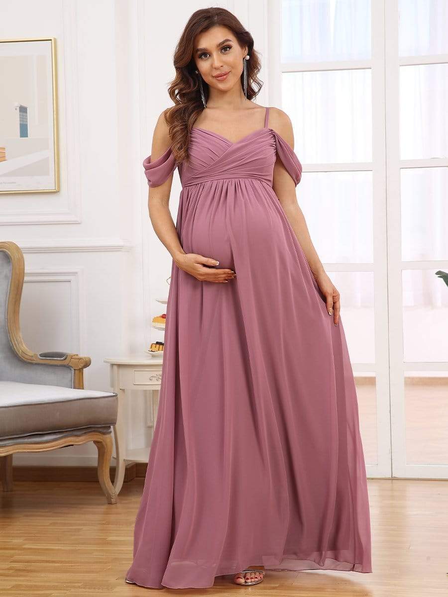 Maxi robe de maternité solide à bretelles spaghetti à épaules dénudées #Couleur_Orchidee