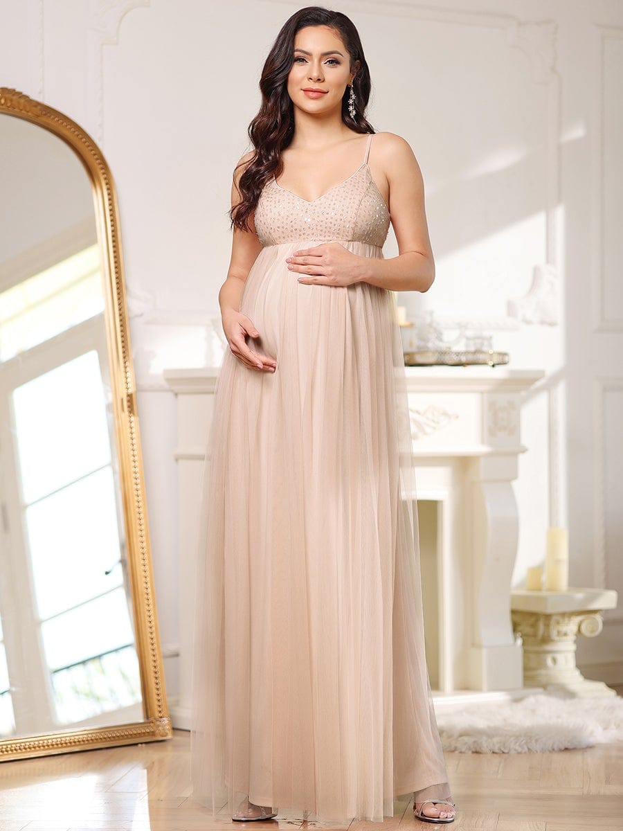 Color=Rose | Robe de maternité sexy en sequins à bretelles spaghetti-Rose 1