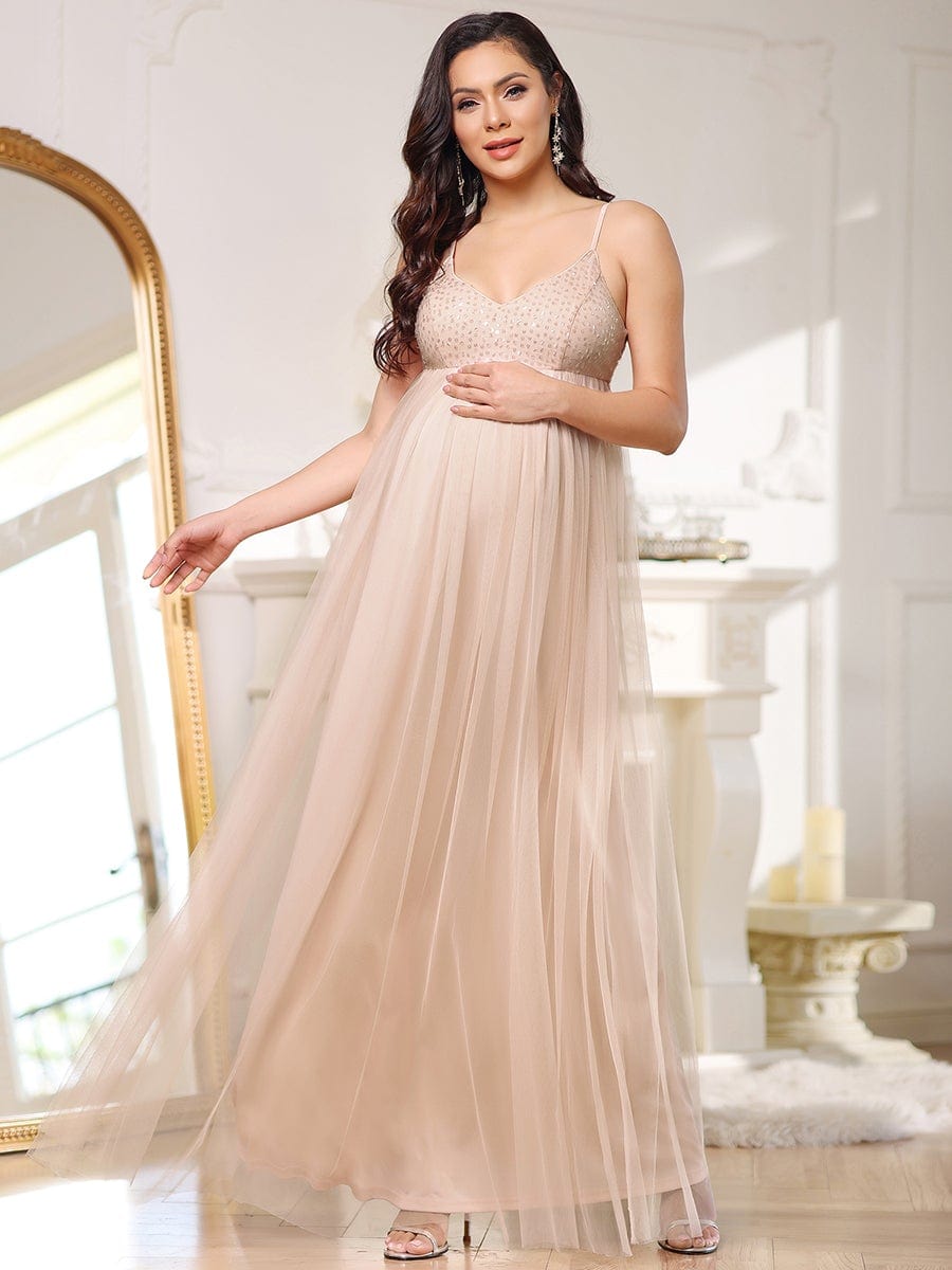 Color=Rose | Robe de maternité sexy en sequins à bretelles spaghetti-Rose 4