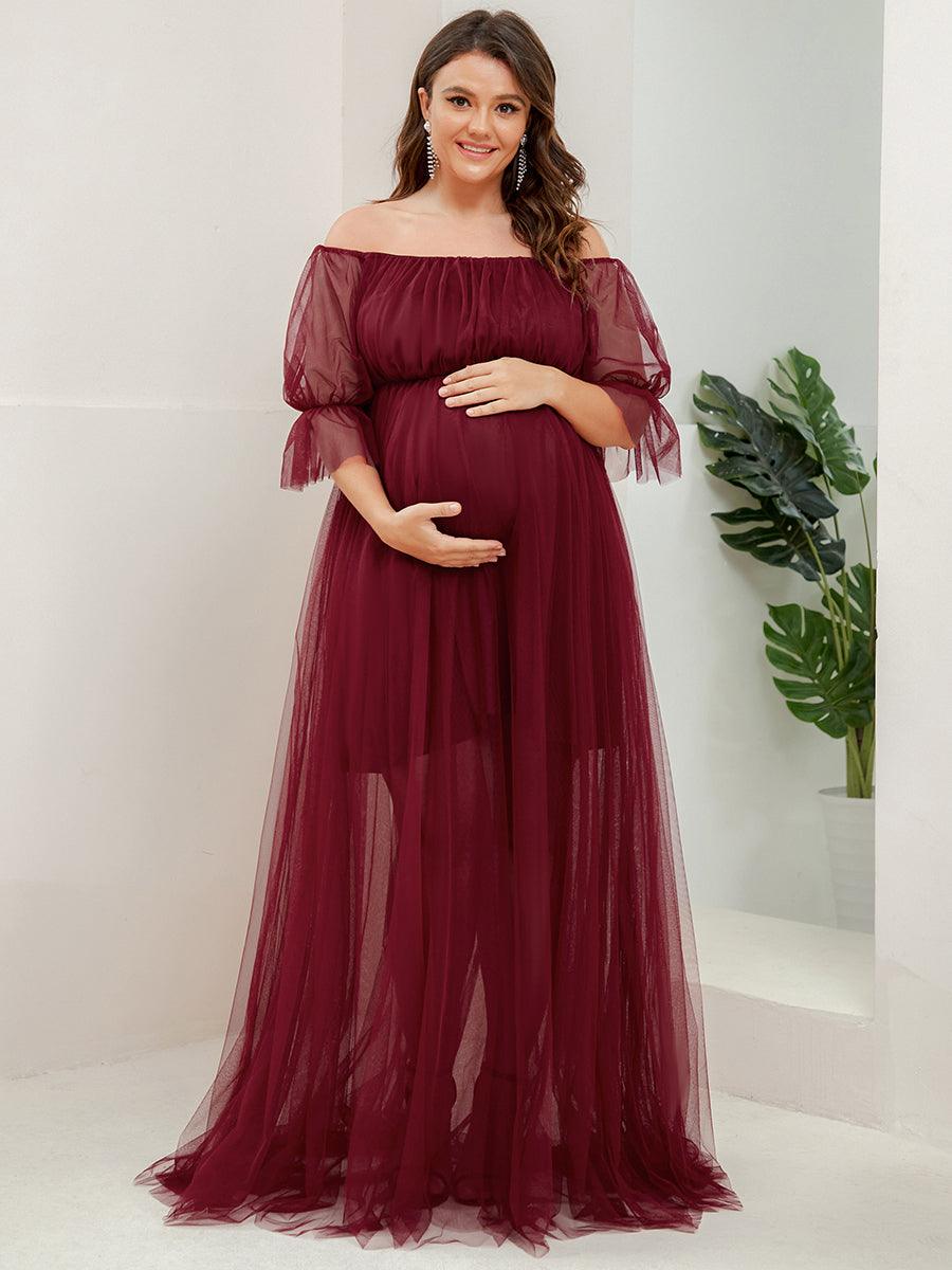 Maxi robe de maternité en tulle plissé à épaules dénudées #Couleur_Bordeaux