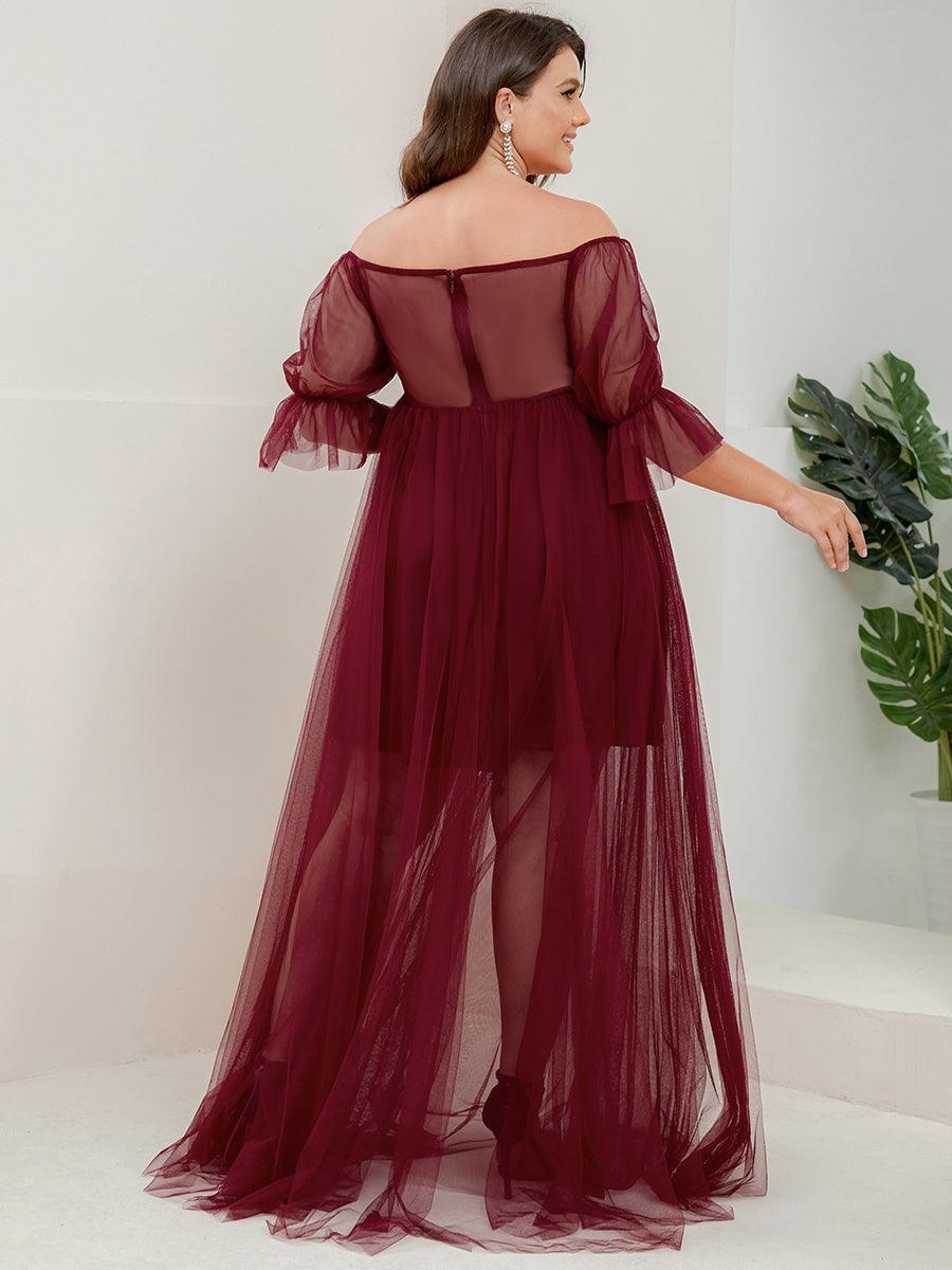 Maxi robe de maternité en tulle plissé à épaules dénudées #Couleur_Bordeaux