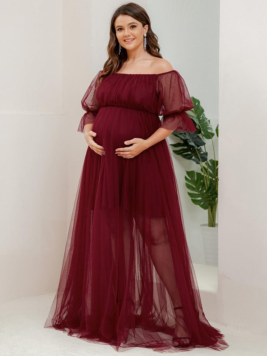 Maxi robe de maternité en tulle plissé à épaules dénudées #Couleur_Bordeaux
