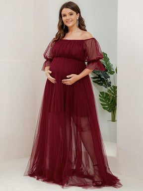 Robe Maxi de Grossesse à Double Jupe en Tulle à Epaules Dénudées de Grande Taille